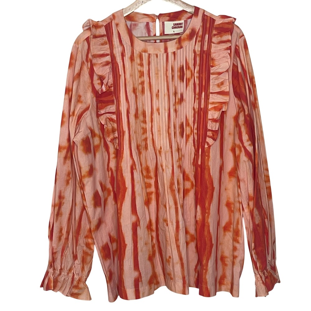 Samant Chauhan‎ Emilia Orange Tie-Dye Blouse Ruffles  Cotton Top Size L